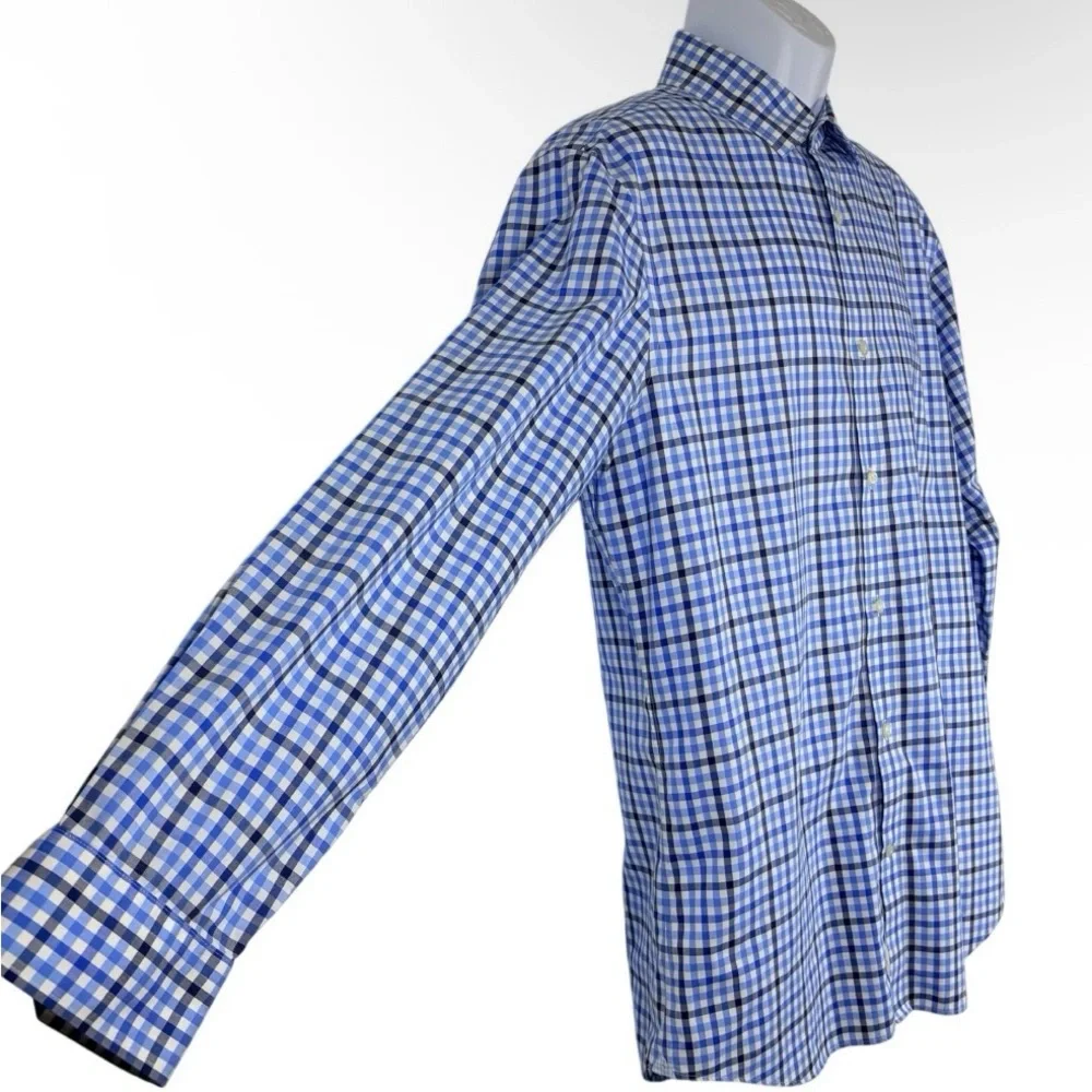 Banana Republic Grant Fit Blue Plaid Button Down SzL Non Iron Cotton Stretch